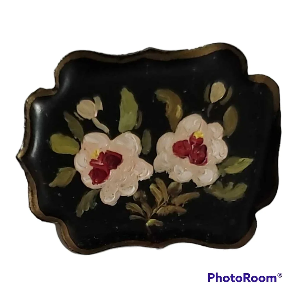 Vintage Hand Painted Brooch Black Serving Tray Red & White Poppy Flowers